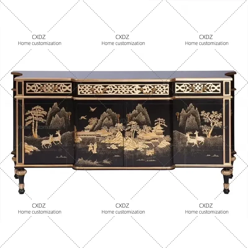Handmade Side Cabinet with Rich Deer Painting Entrance Storage Cabinet Bedroom TV Stand Villa Mansion Club Furniture