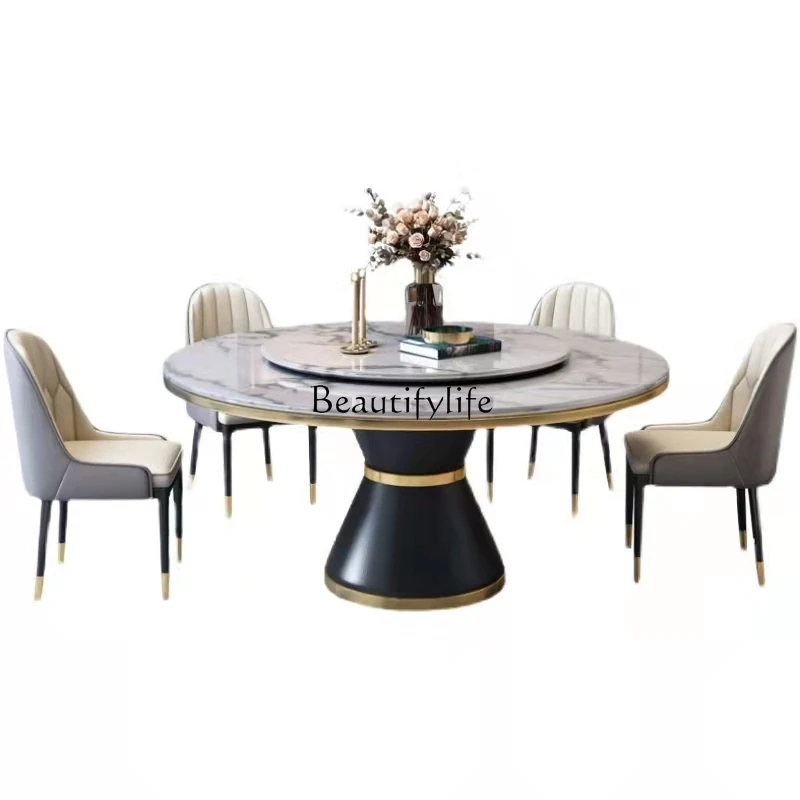 

Mild Luxury Marble Dining Tables and Chairs Set Modern Minimalist round Stone Plate with Turntable