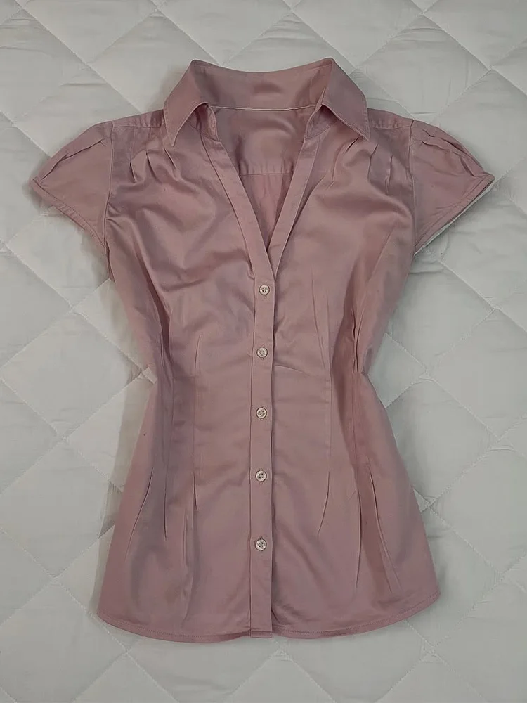 

Original Retro Pink irt for Young Women Summer 2025 ort Sve Versatile Design Korean Sle Commute Cotton Blend Ne