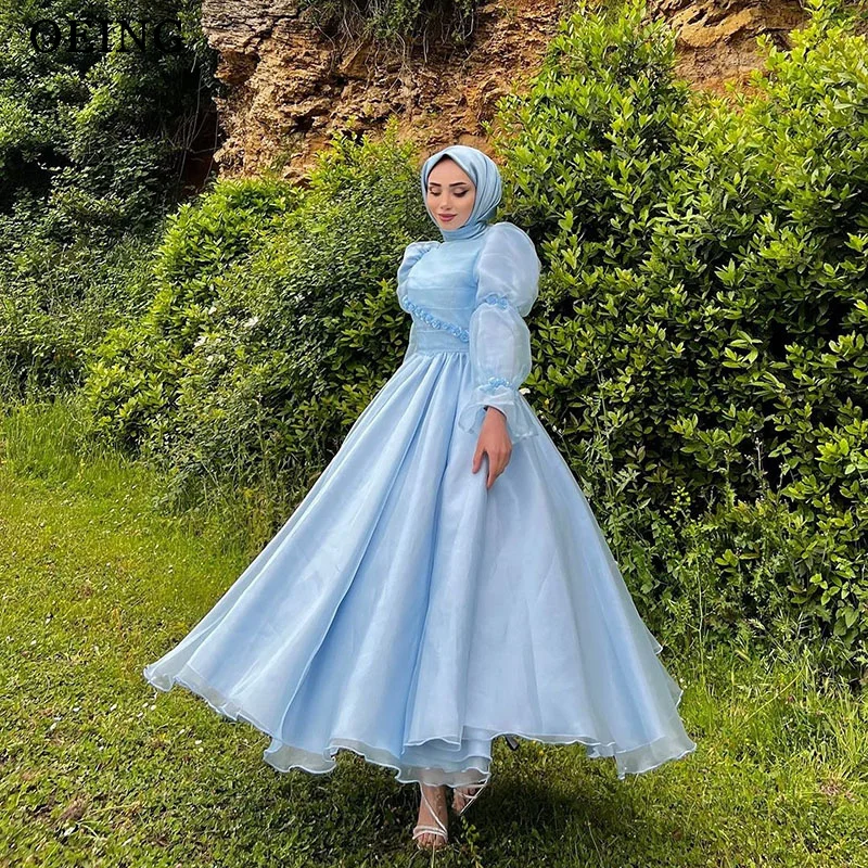 

OEING A-Line Sky Blue Prom Dresses Long Sleeves Party Gowns Pleats Ankle-Length Soft Tulle Dress Customized فساتين سهرة