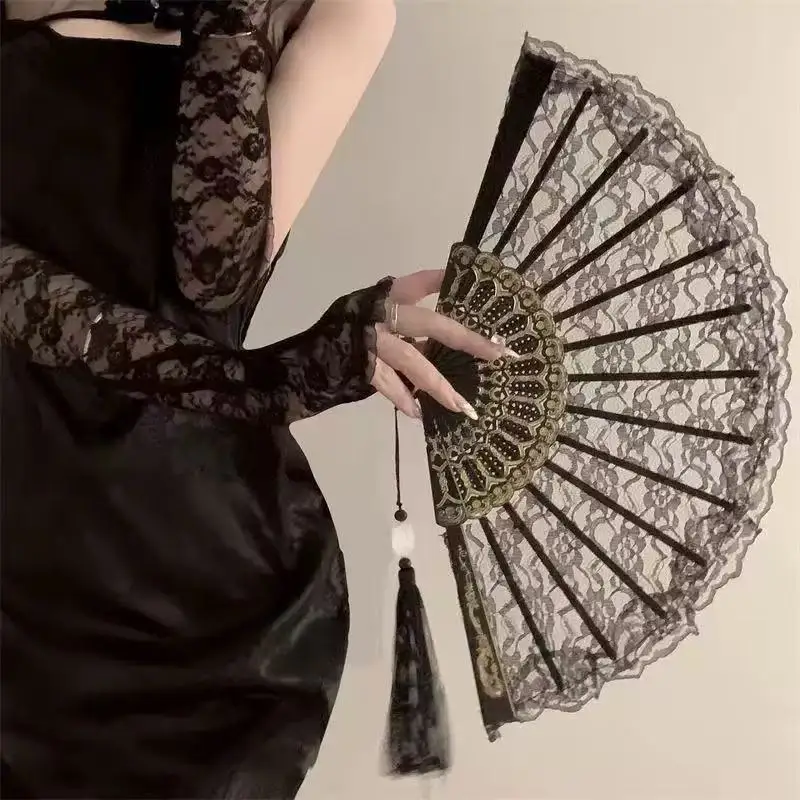 Leque Dobrável de Renda Estilo Lolita Europeu Retrô Anos 20 GATSBY para Dança, Performance e Fotografia