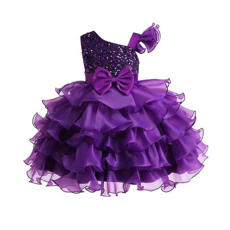 3-10Years Girls One Shoulder Sequined Layered Ruffled Cupcake Tutu Dress Birthday Party Pagenat Formal  Dress