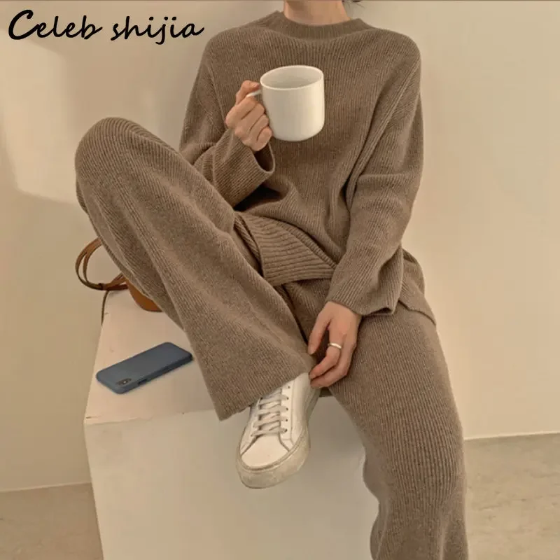 Schicke Kaffee pullover Hose mit weitem Bein Frauen verdicken Winter elegant locker gestrickt 2 Stück Sets Damen koreanische Hosen Set Herbst