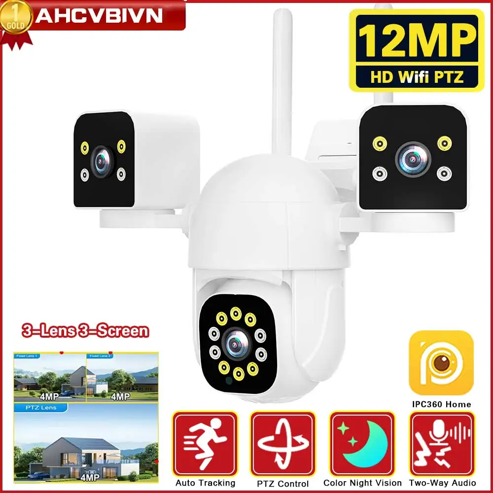 

6K 12MP 3 Lens 3 Screens WiFi Outdoor Camera Ai Motion Tracking PTZ 4K Video Camera Security surveillance Camera IPC360 Home