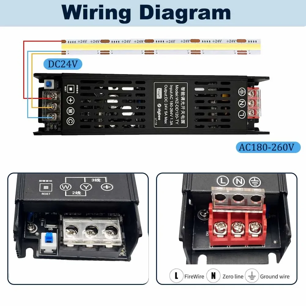 Tuya Zigbee ściemnialny sterownik Led DC24V 120/240W CCT/RGBCCT transformator światła LED ściemniacz 2w1 sterowanie głosem/APP dla Alexa Google