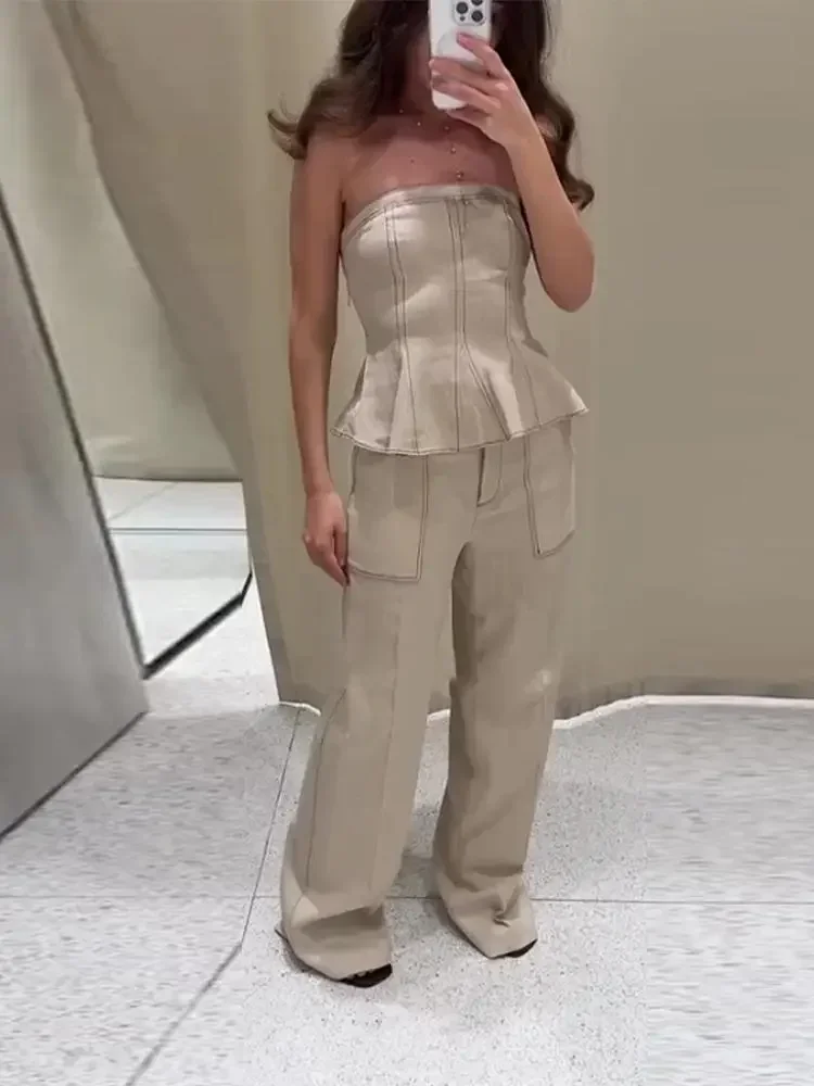 

Elegant Pleated Vest Wide Leg Trousers 2025 Summer New Lady Long Pants Suits Fashion Ruffled Off Shoulder Tank Top Loose Pants