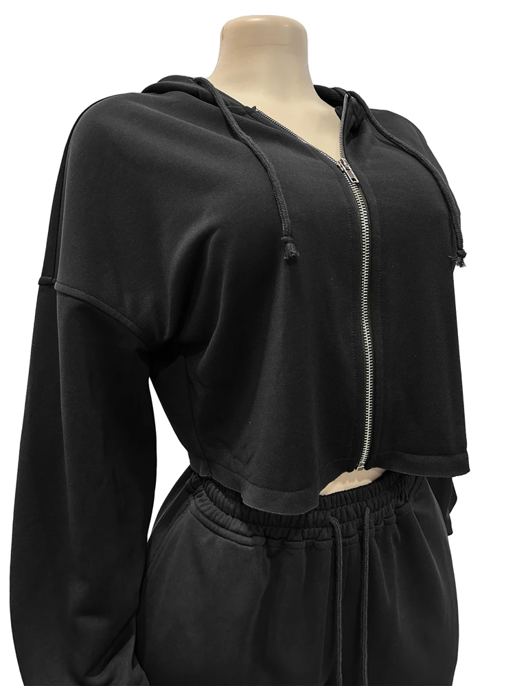 JENYAGE Oversized Zweiteiler-Set für Damen, weicher, einfarbiger, bequemer Crop-Hoodie mit Reißverschluss und Kordelzug, weite Jogginghose, Streetwear-Trainingsanzug – Detail 6