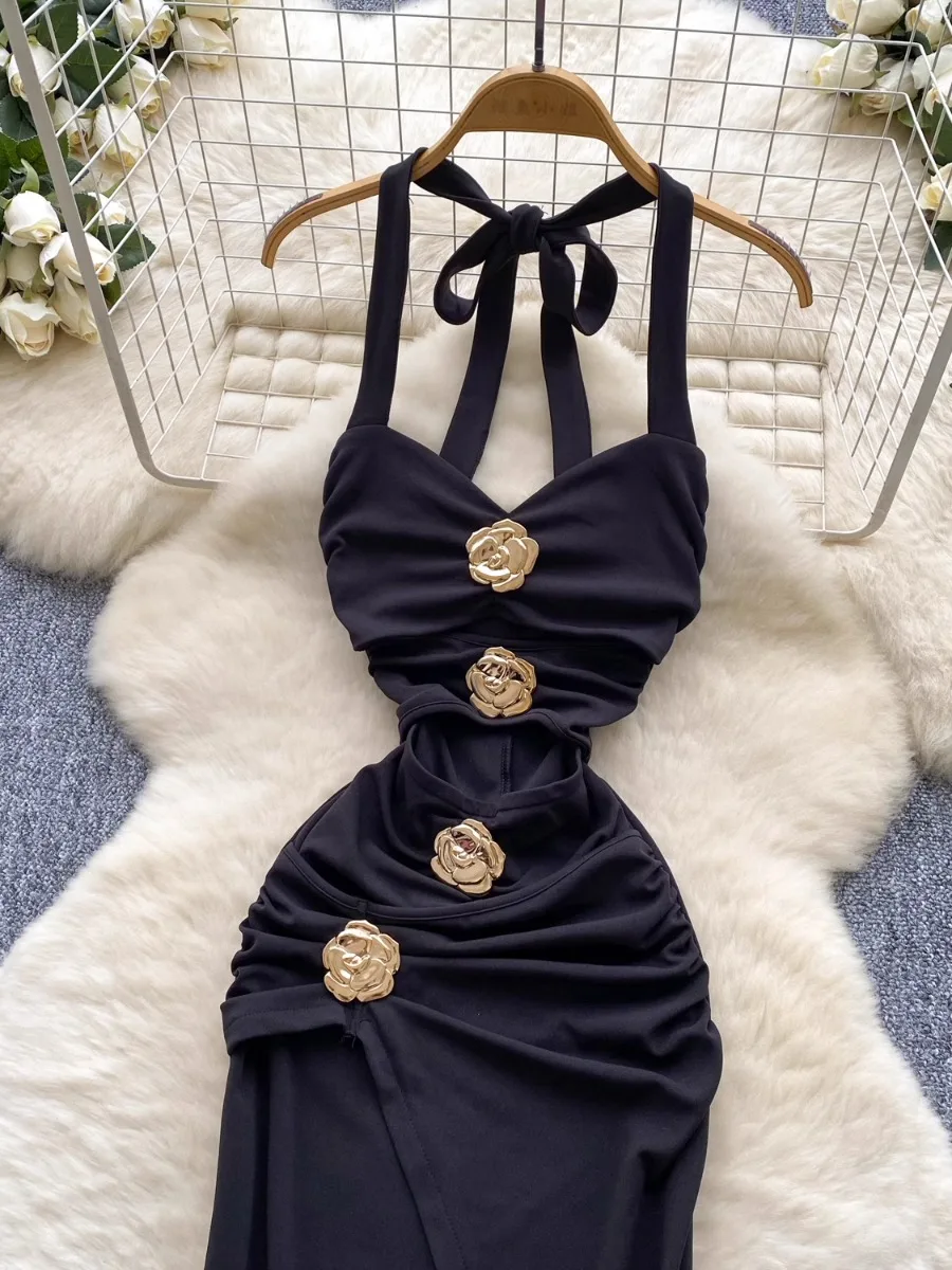 فستان صيفي طويل بدون ظهر من Foamlina فستان نسائي عالي الجودة مع رسن معدني على شكل زهرة غير منتظمة فساتين ماكسي للحفلات المسائية