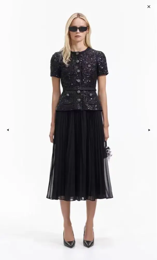 Women's Fashion Spring round neck sequin tweed long sleeved waist patchwork chiffon retro button up dress