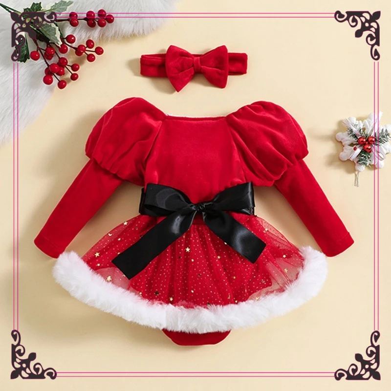 فستان رومبير للأطفال لعيد الميلاد لعام 2026 - بدلة شبكية مكشكشة بأكمام فقاعية للأطفال الصغار