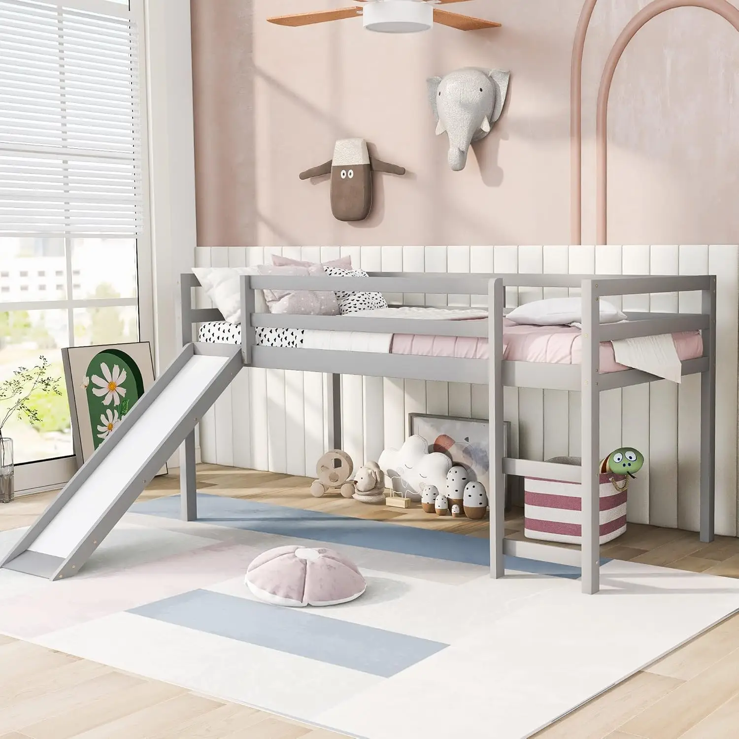 Cama de Loft con tobogán y escalera para niños, cama de Loft, cama doble de madera para niños con tobogán, diseño multifuncional, perfil bajo de madera Ki