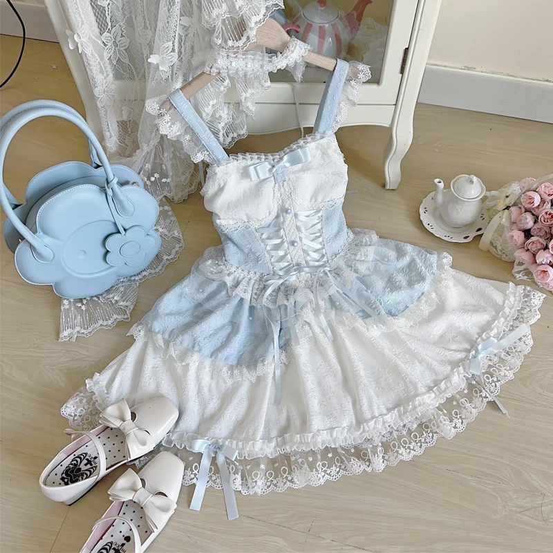 Ballet Style Sweet Cute Lolita JSK Princess Dress Lace Stitching Lace-up Bow High Waist Slim Fit Suspender Ball Gown Dress Women