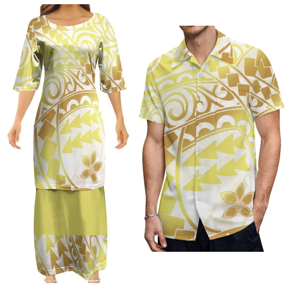 Samoa Couple Matching Set Women Puletasi Dress Men Short Sleeve Shirt Pacific Island Tribal Print Vacation Outfit