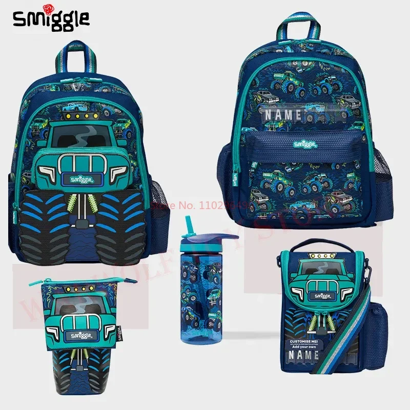 Genuine Australian Smiggle Schoolbag Cute Blue Truck School Bag Medium Children Backpack Water Cup Retractable Pen Bag