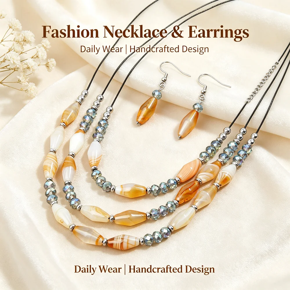 Multi Layer Beaded Necklace Earrings Set Handmade Striped Natural Stone Multi Strand Women Jewelry Set Daily Party Accessories