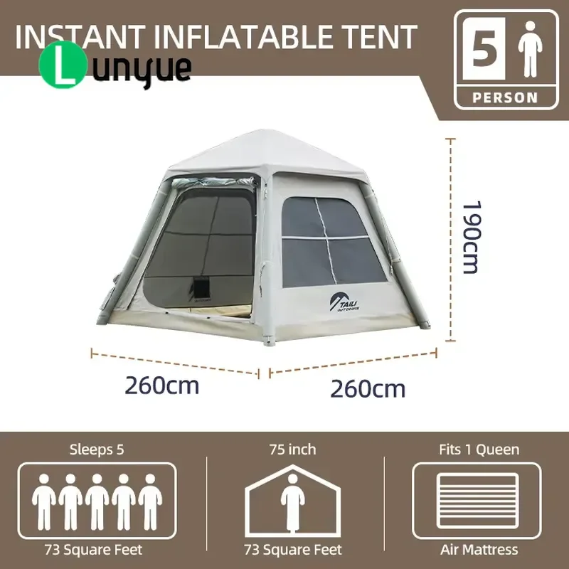 Large Space Inflatable Camping Tent Waterproof Outdoor Canopy Air Tent for Family Hiking Beach Picnic Easy Setup Shelter