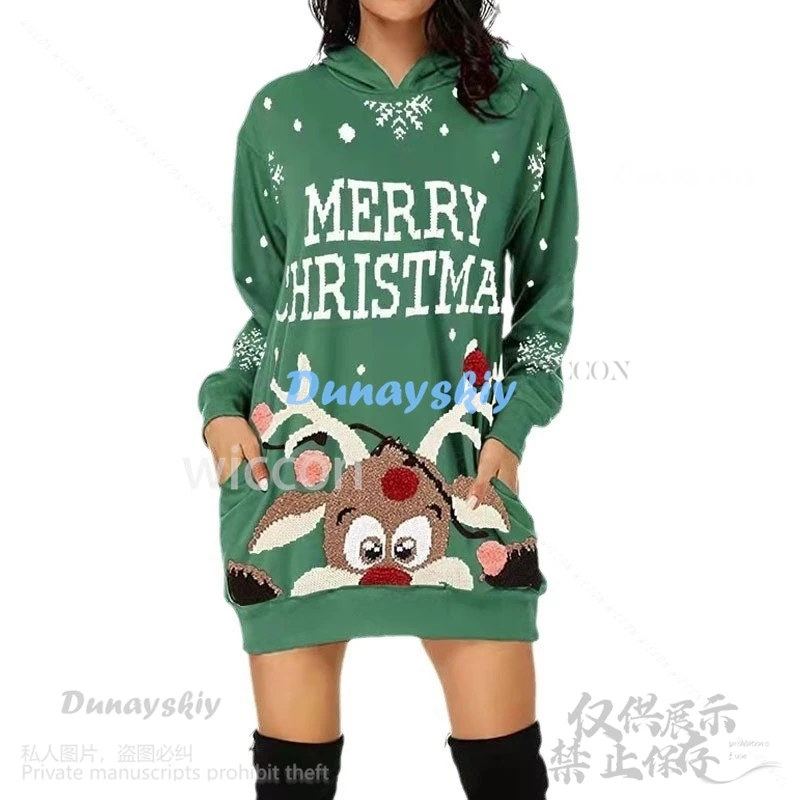 Christmas Anime 2024 Cosplay Costume Long Sleeved Sweater Dress Elk Print Hooded Dress Furyy For Woman Girls Cute Cos Customized