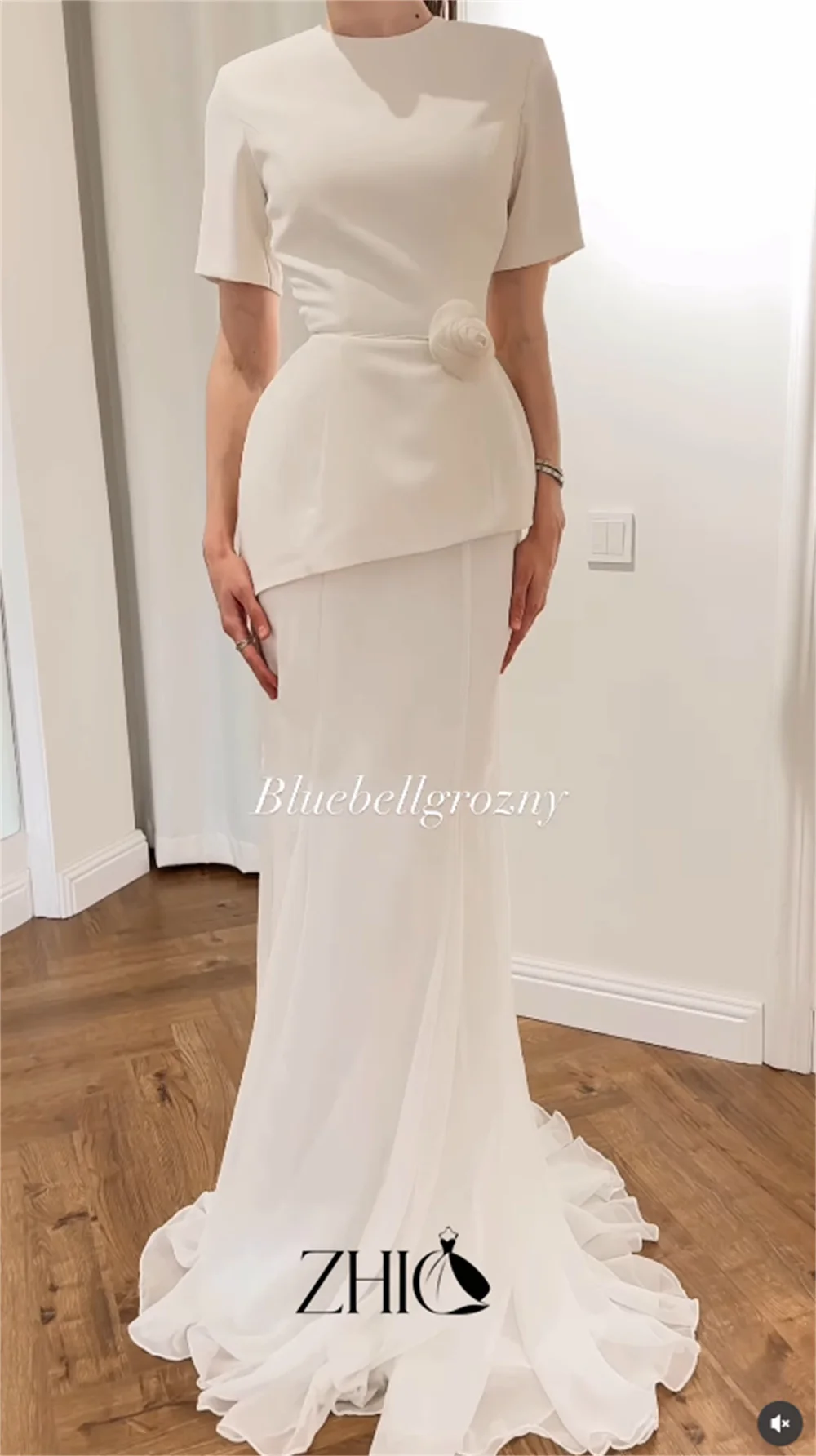 ZHIO Classic Ivory Short Sleeve Mermaid Evening Dress Peplum Floor Length Handmade Flower Robe De Soiree Customized New
