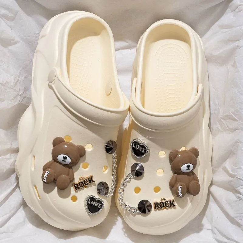 Women DIY Silver Chains Fashion Bear Decor Clogs Summer Sping Autumn Beach Sandals Cave Hole Garden Shoes For Students Girls New image 4