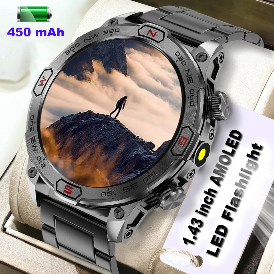 2024 New Smart Watch Men LED Flashlight 1.43-Inch Ultra HD AMOLED Screen 450 mAh Bluetooth Call SmartWatches For Huawei Xiaomi