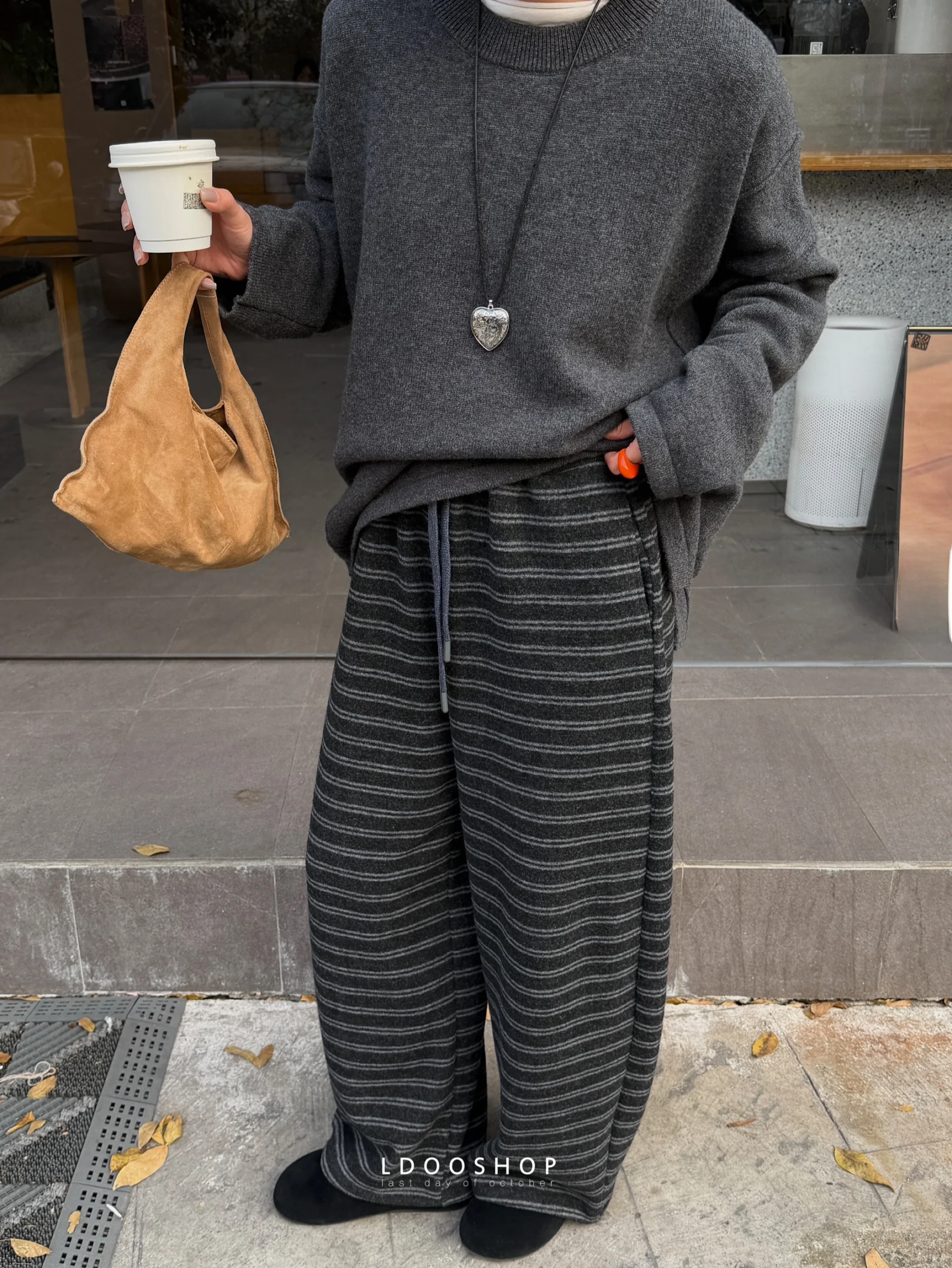 

Comfortable Thiened Fce Wide Leg Casual Pants Striped Dstring Versatile Loose Fit Ladies' Autumn Winter Faion