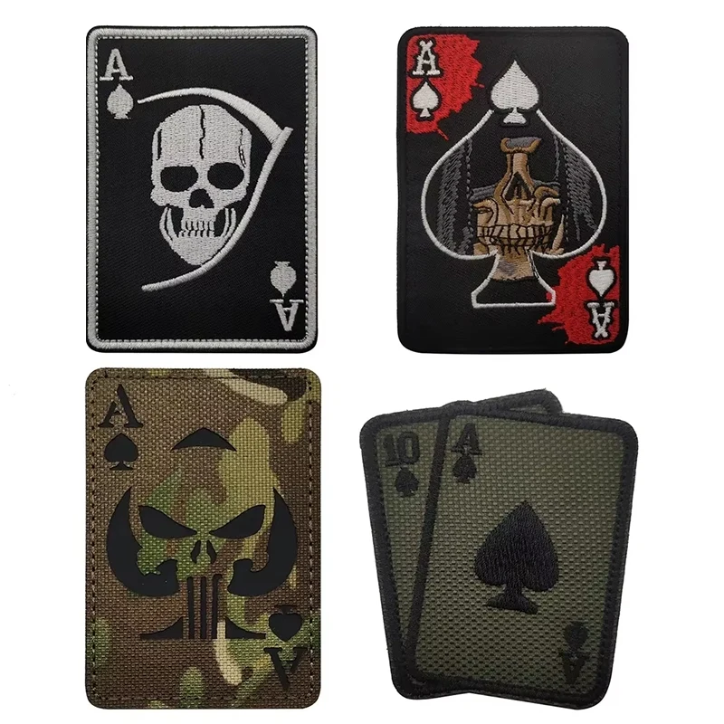 Embroidery Reaper Patches Tactical Skull Badge For Clothing Bag Punk Emblem Ace of Spades Death Card Poker Patch Hook Appliques