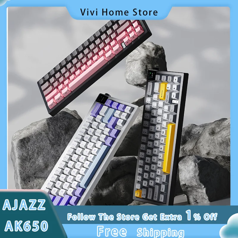 

AJAZZ AK650 Mechanical Keyboard Tri-mode Wireless Bluetooth Hot Swap Gasket with Screen Custom Gaming Keyboard PC Laptop