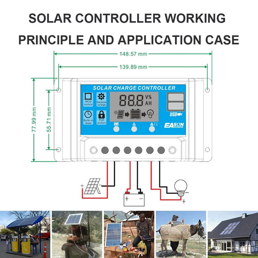 EASUN POWER Solar Controller  12V/24V LCD Display Dual USB 5V Output  60A 50A 40A 30A 20A 10A Solar Regulator PWM Battery Charge