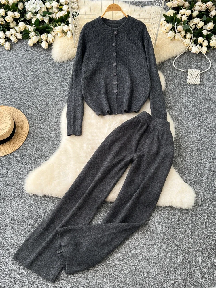 Autumn Winter Casual Cashmere Suits Women Long Sleeves Buttons Cardigan+High Waist Wide Legs Knitt Pants Loose Sweater 2PC Sets