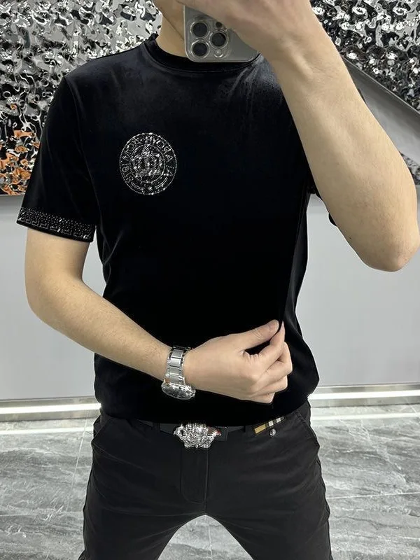 

Мужская новая футболка класса люкс, высококачественная, модная, повседневная, осенне-зимняя, из золотистого бархата, со стразами, с коротким рукавом, круглым вырезом, удобная...