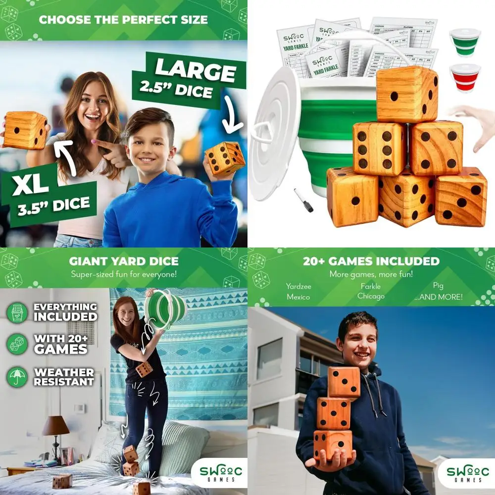 

Игровой набор Giant Dice Yardzee and Farkle — 20 устойчивых к атмосферным воздействиям игральных костей с ведром для переноски, листов и маркером для развлечений на открытом воздухе