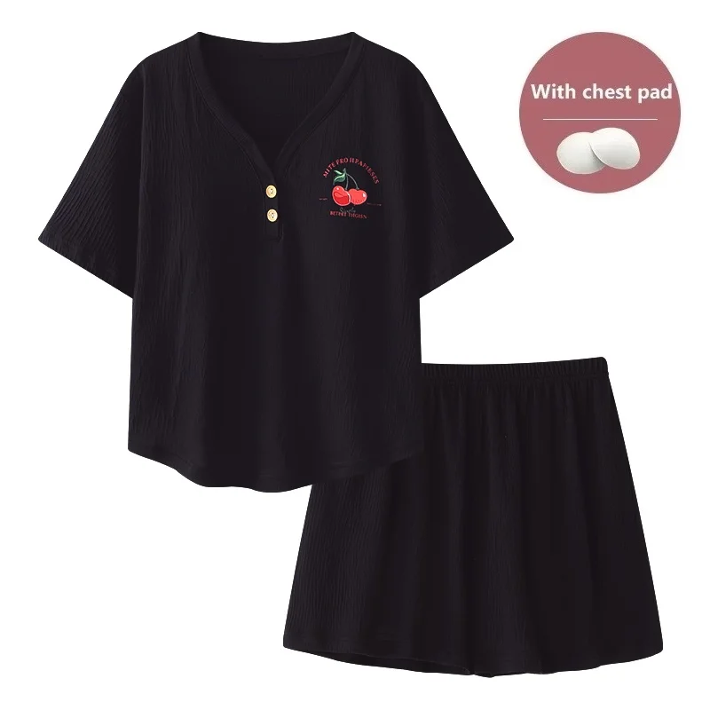Pajamas Sets Women With Chest Pads Cotton Fashion Short Sleeve Sleepwear Suit 2 pieces/set V-Neck Summer Home Female Lounge Gift image 2