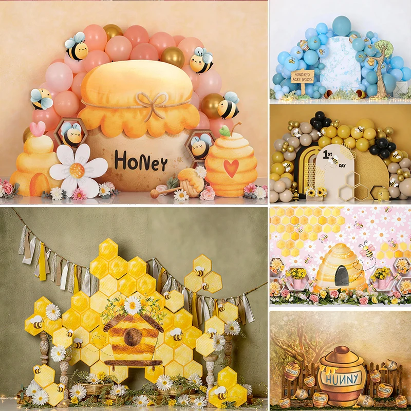 

LS Spring Cute Bee Honeycomb Backdrops Kids Baby 1st Birthday Cake Smash Props Child Photocall Decors Photography Backgrounds