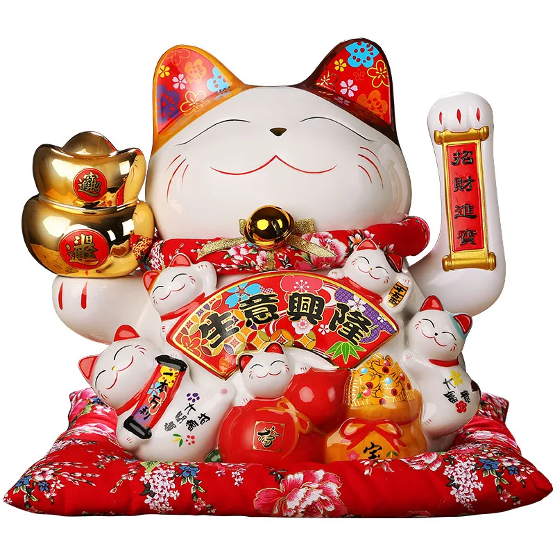 7 Inch Lucky Cat Decoration Feng Shui Fortune Cat Ceramic Electric Wave Hand Treasure Shop Gift Good Luck Home Festive Craft