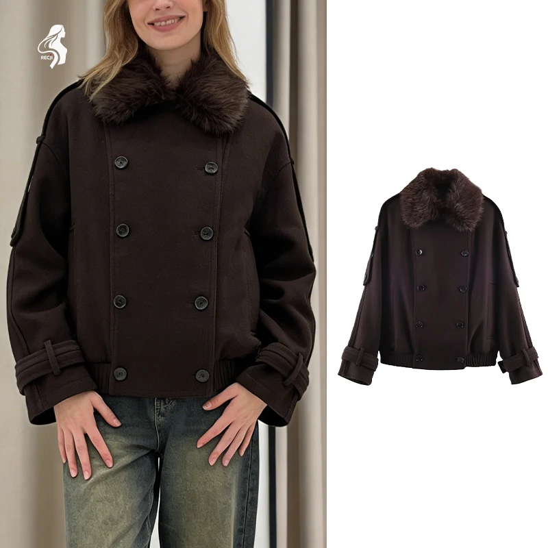 

Womens Autumn And Winter Wool Coat With Fur Collar Double Breasted Epaulets And Tie Retro Warm Commuter Jacket Woman Clothes