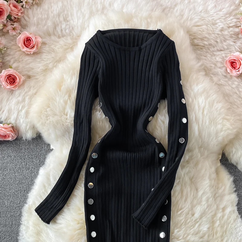 Winter Women\'s Knitted Sweater Dresses O-Neck Long Sleeve Slim Side Double Row Buckle Hip Wrap Dress Ladies Sheath Dress Autumn