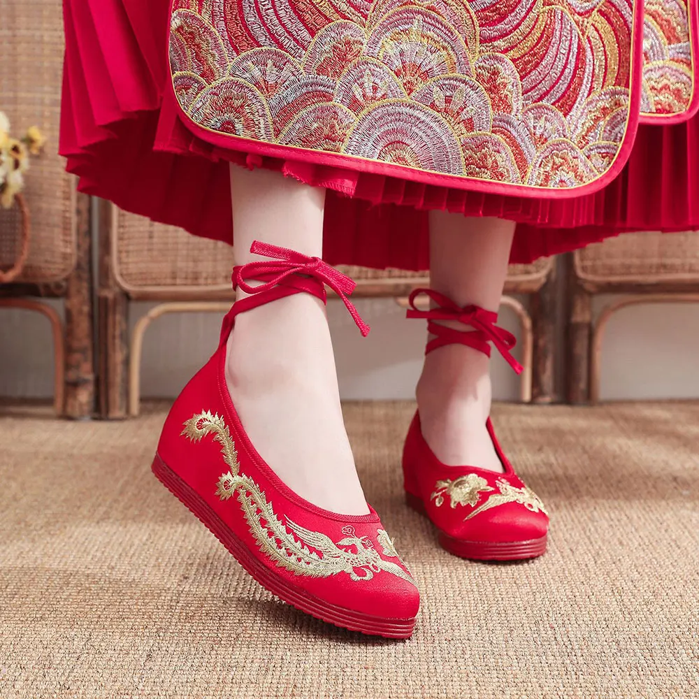 Veowalk VintageAnkle Strap Chinese Style Women Embroidered Red Wedding Shoes High End Elegant Ladies Comfortable Bridal Flat image 5