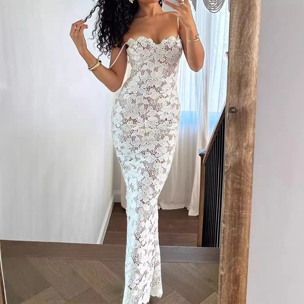 

Sexy lace temperament hip-wrapped suspender backless split dress fashionable simple elegant versatile high-end vacation style pa