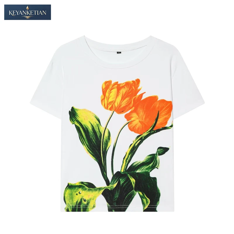 

KEYANKETIAN 2026 Summer Minimal Casual Art Painting Floral Crop Tee Tight Fit Crew Neck & Tulip Leaf Print Design T-shirt Top