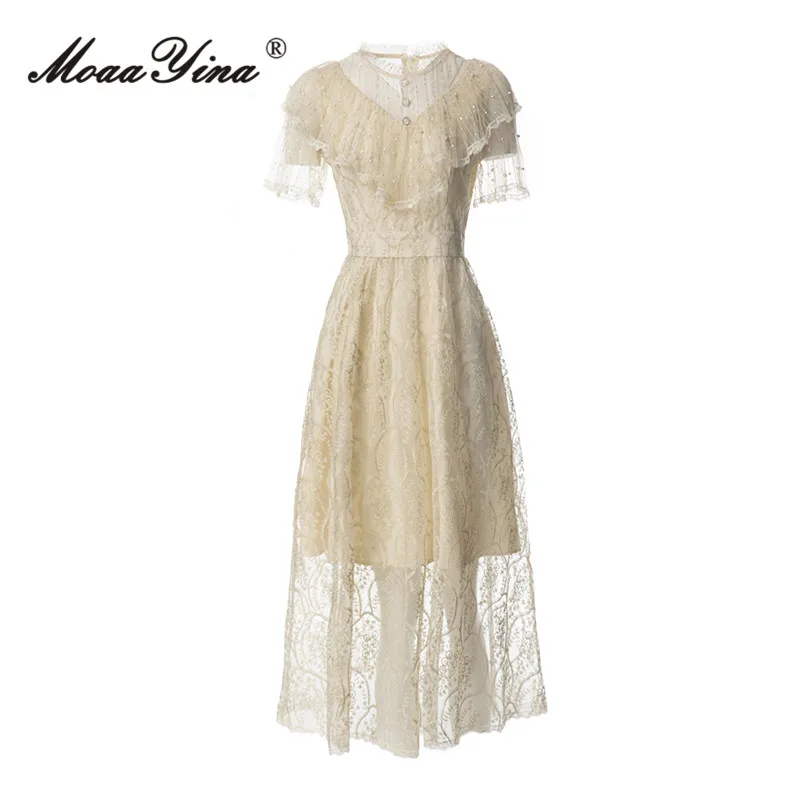 

MoaaYina Summer Fashion Runway Beige Luxury Party Dress Women's Ruffles O-neck Button Pearl Beading Perspective Mesh Long Dress