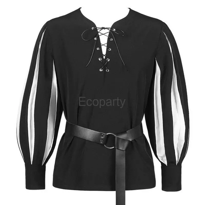 New Men's Medieval Renaissance Long Sleeve Shirt Gothic Bandage Tops Halloween Landlord Knight Shirt Vintage Costume Blouse