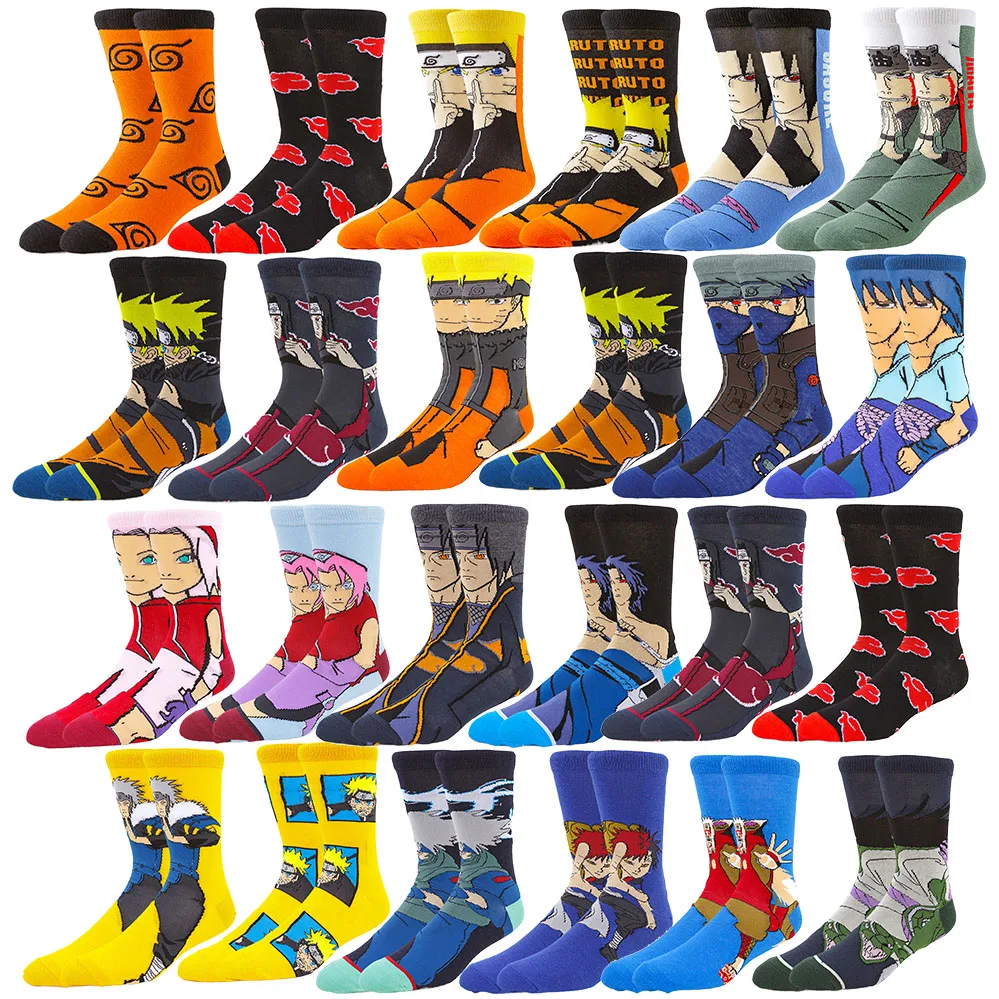 5 Paar zufällig bedruckte Naruto Shippuden Anime-Charakter-Socken, heißblütige Cartoon-Baumwollsocken mit hoher Elastizität, Paar-Mid-Tube-Socken