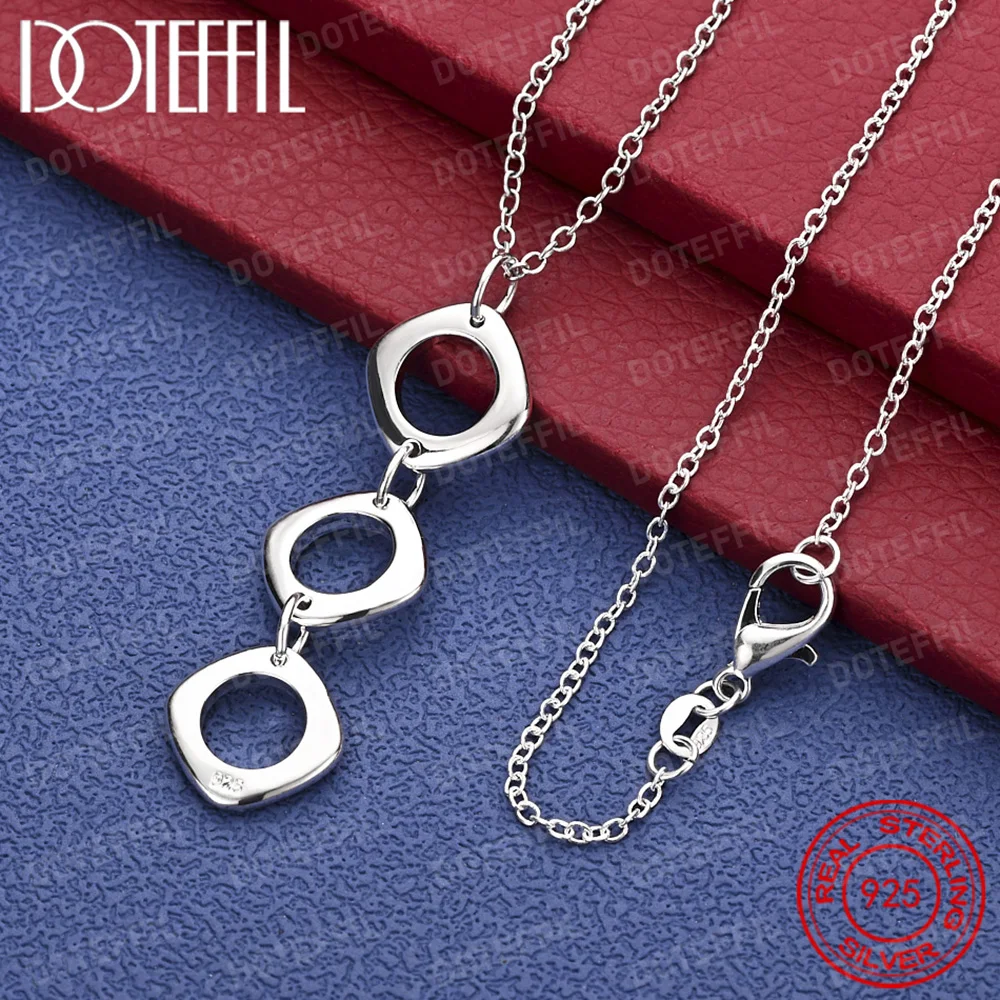 

925 Sterling Silver Three Geometric Square Pendant Necklace For Women Man Fashion Wedding Party Charm Jewelry