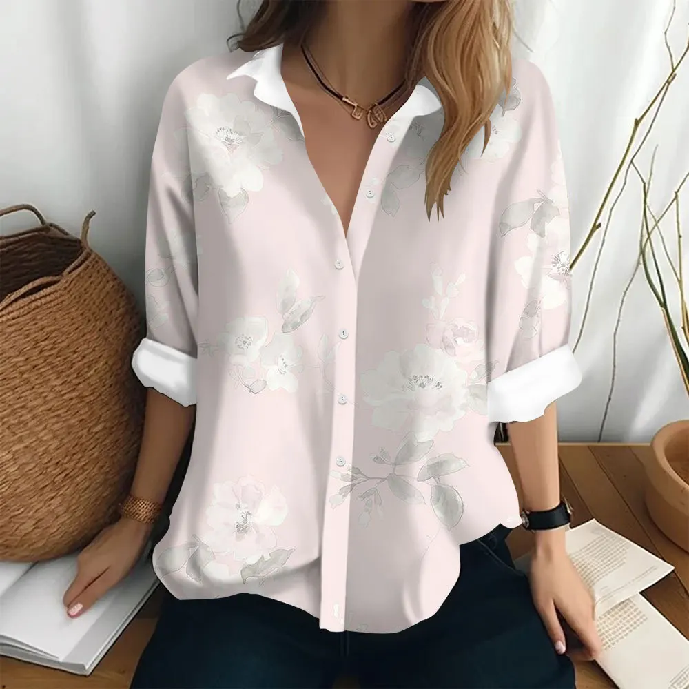 Ladies Blouse Top Long Sleeved New Solid Color Floral Elegant Floral 3D Digital Printing 2024 Blouse Top Autumn Versatile Loose