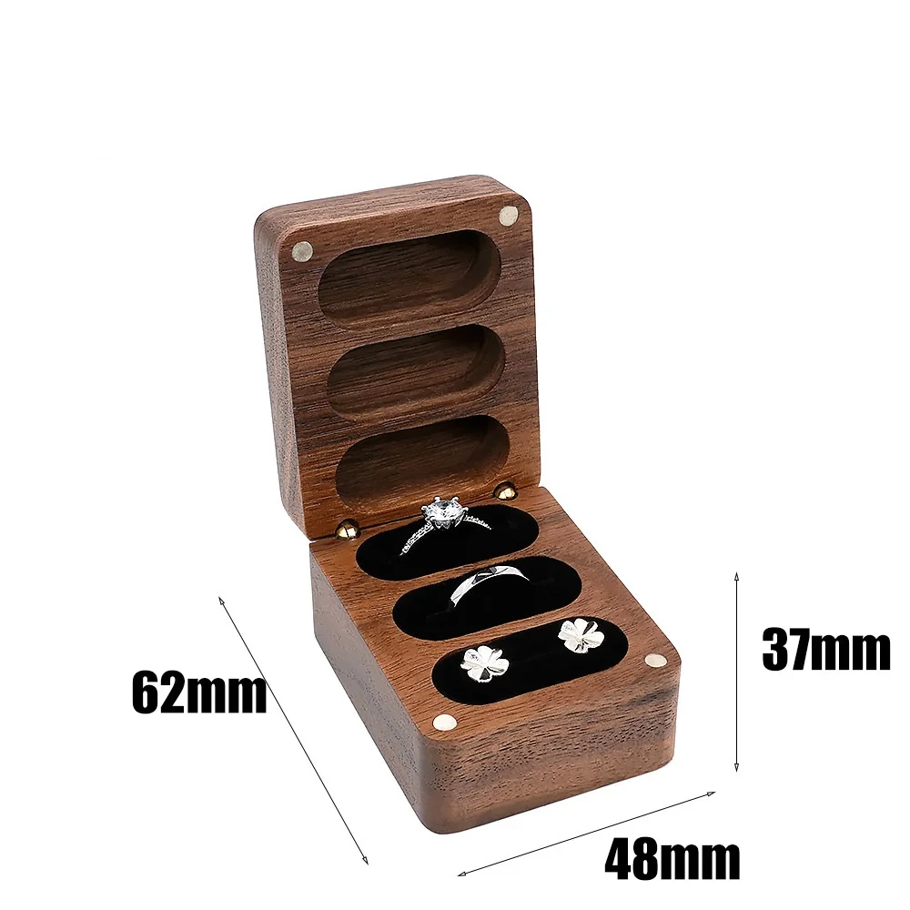 Black walnut wedding ring Jewelry box High-end small exquisite storage box Necklace stud box Exchange gift three slots