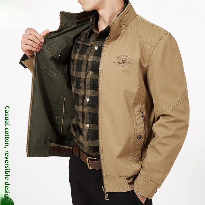 

Loose Fit Pure Cotton Outdoor Casual Jaet Large Size Spring Autumn Double Sided Wear Stand Collar Workwear Upper Apparel