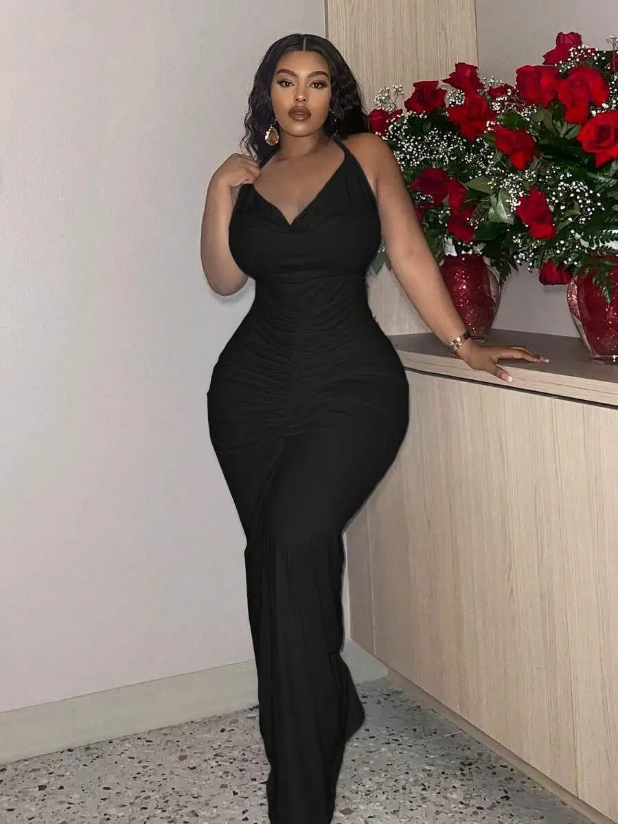 

plus Size Elegant Bodycon Dress Halter Neck Ruched Detail Tie Waist Elegant Evening Party Dress