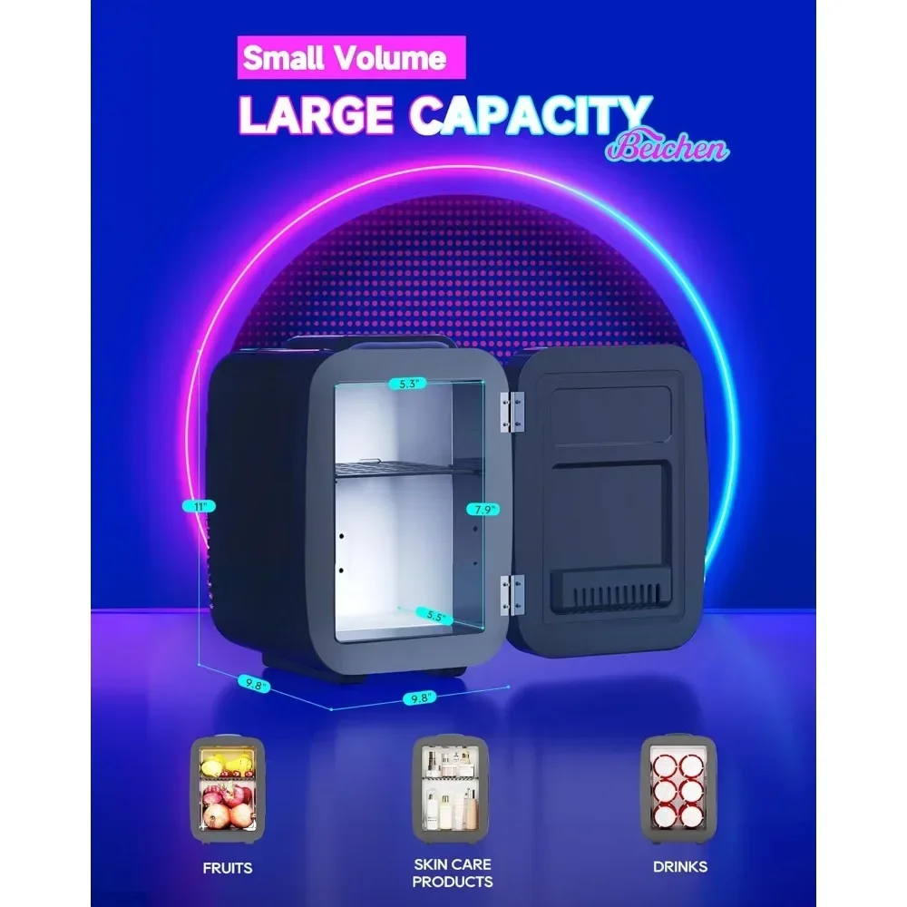 Mini Fridge, 4 Liter/6 Cans, with Dimmable LED Light,AC/DC Portable Cooler and Warmer Gaming Mini Fridge for Bedroom, Office, Rv