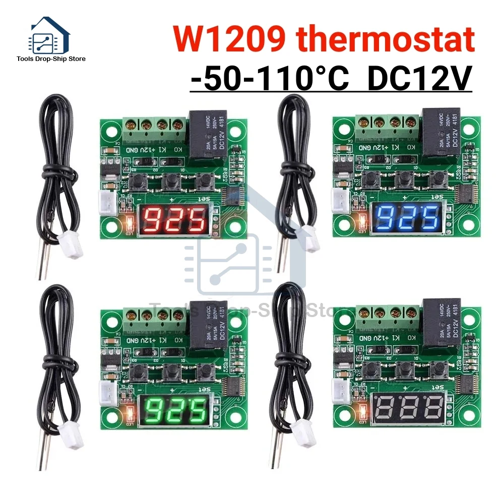 W1209 12V DC Digital Temperature Controller Board Micro Digital Thermostat with 10A One-Channel Relay and Waterproof Sensor