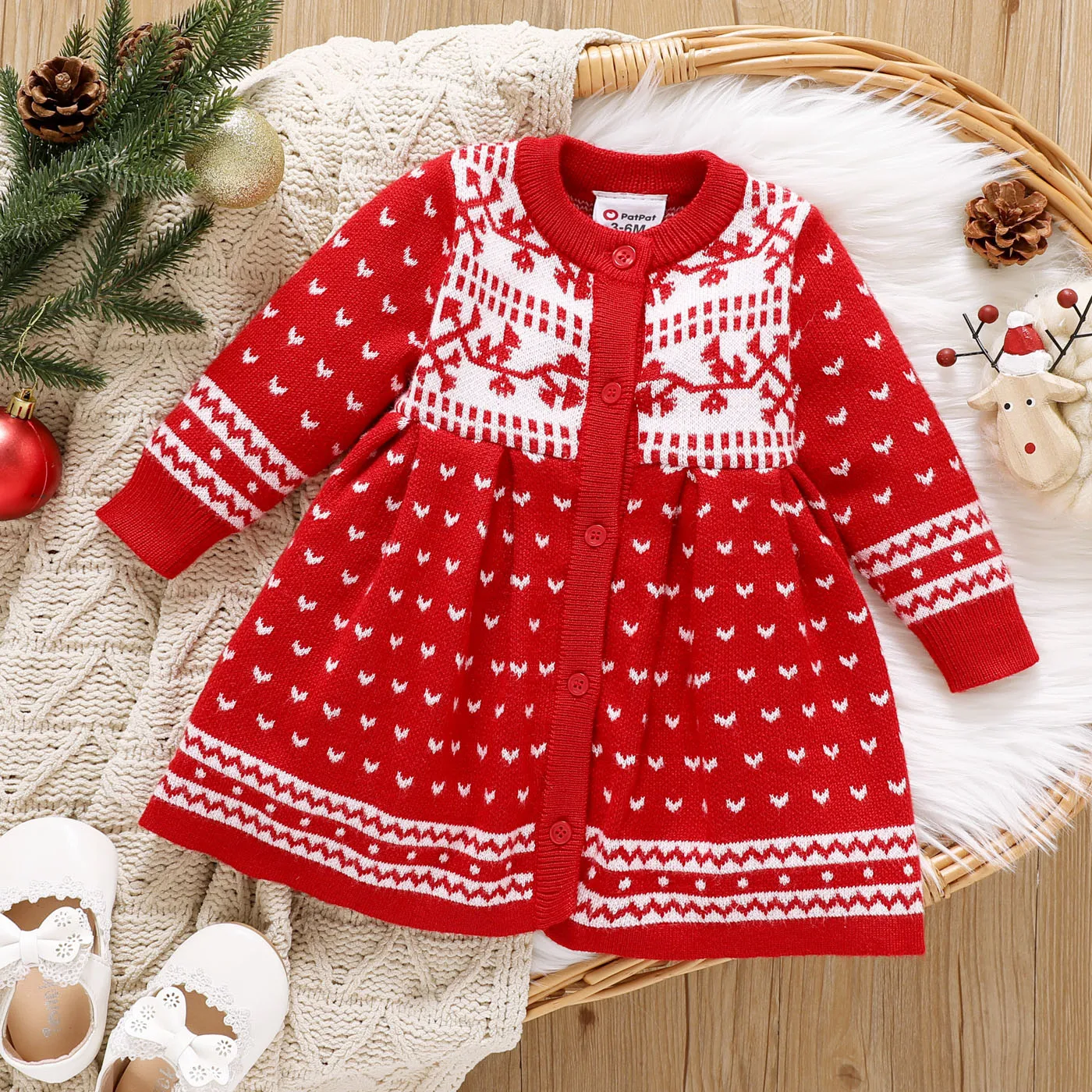 PatPat Christmas Baby Girl Allover Pattern Red Long-sleeve Button Knitted Sweater Dress